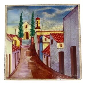 E Lopez Tile Vintage Gift Craft Japan Hand Painted Mexican Cuernavaca Street